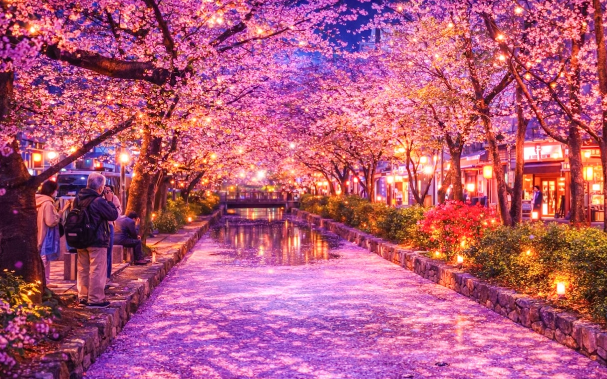 Tokyo cherry blossoms at night along a lit canal during sakura season.