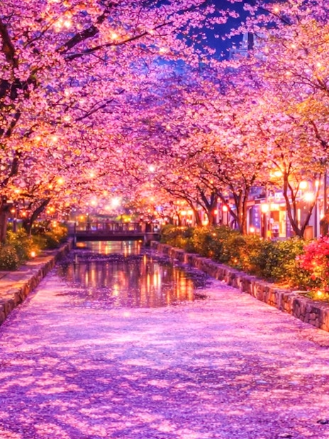 Tokyo cherry blossoms at night along a lit canal during sakura season.