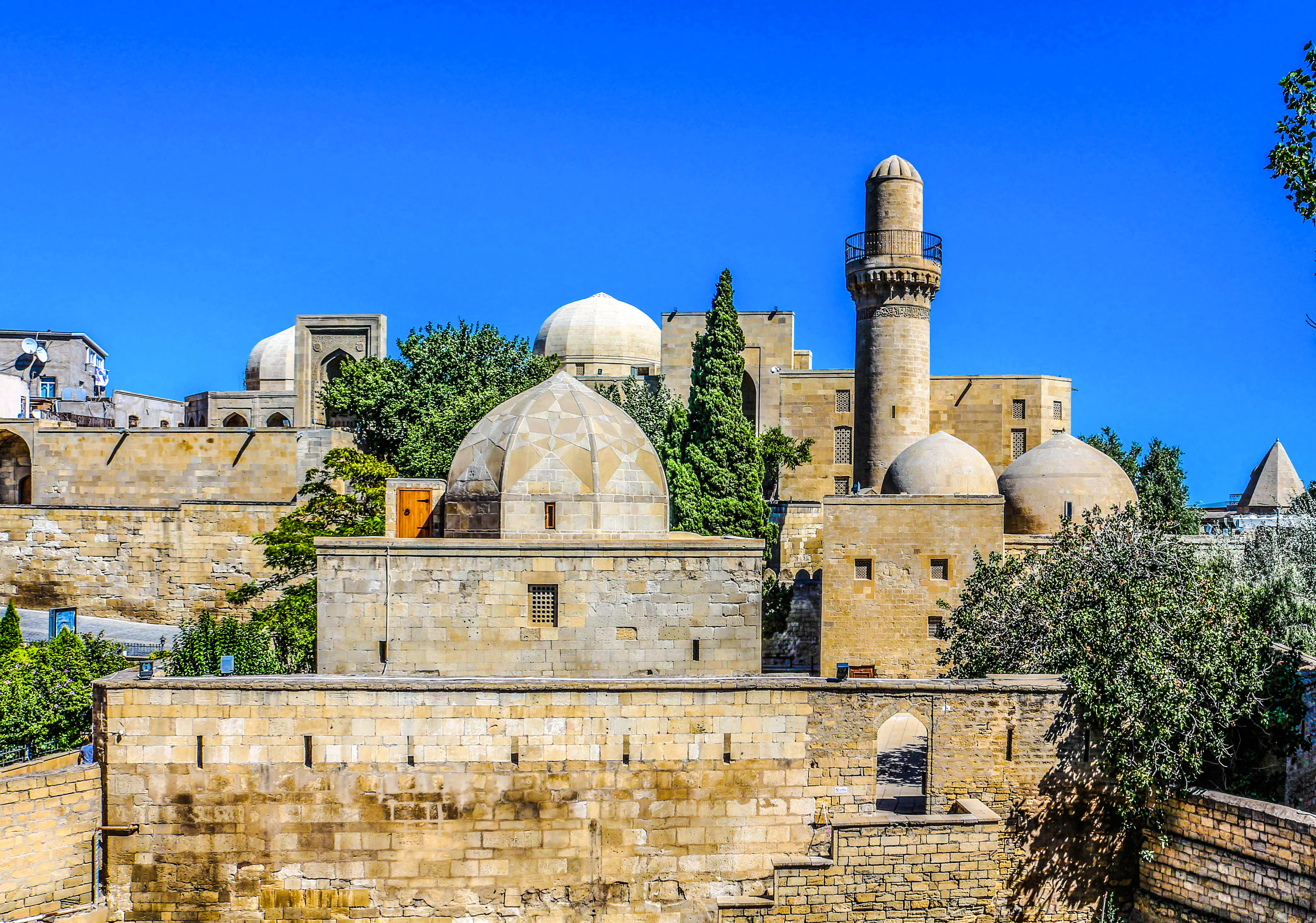 Palace of the Shirvanshahs complex with domes and minaret, Baku.