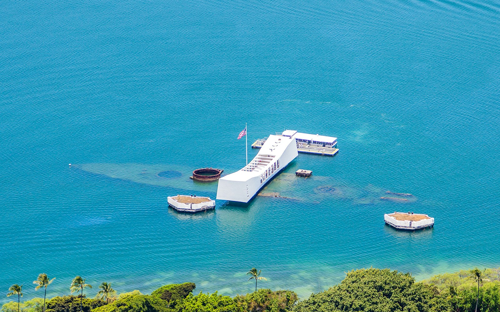 Aerial view of the USS Arizona Memorial in Pearl Harbor, Hawaii.