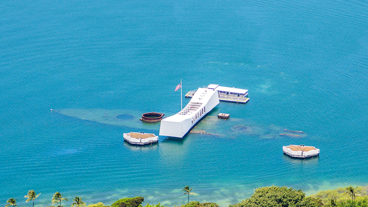Aerial view of the USS Arizona Memorial in Pearl Harbor, Hawaii.