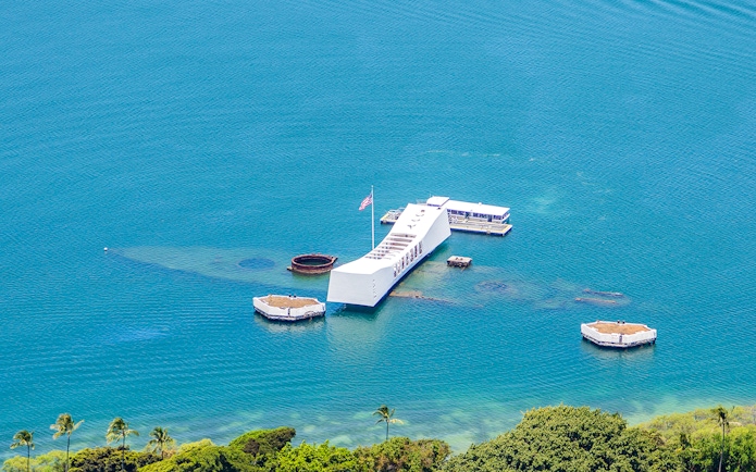 Aerial view of the USS Arizona Memorial in Pearl Harbor, Hawaii.