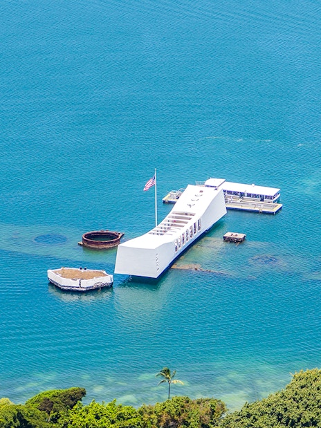 Aerial view of the USS Arizona Memorial in Pearl Harbor, Hawaii.