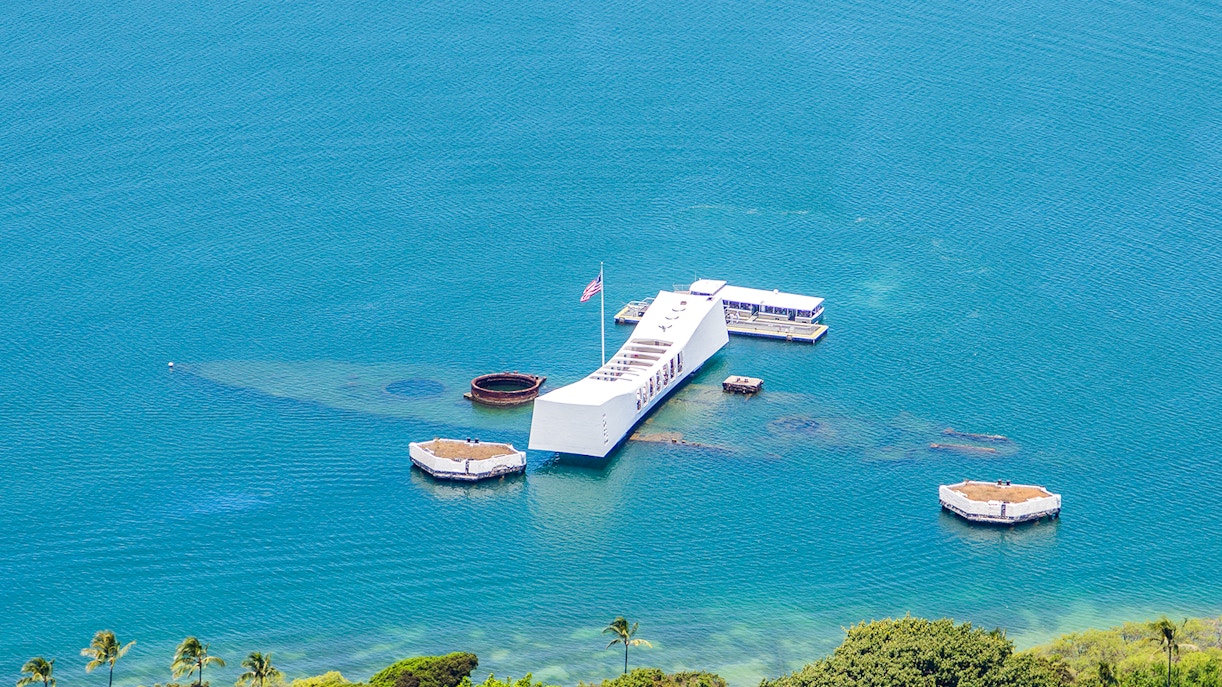 Aerial view of the USS Arizona Memorial in Pearl Harbor, Hawaii.