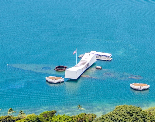 Aerial view of the USS Arizona Memorial in Pearl Harbor, Hawaii.