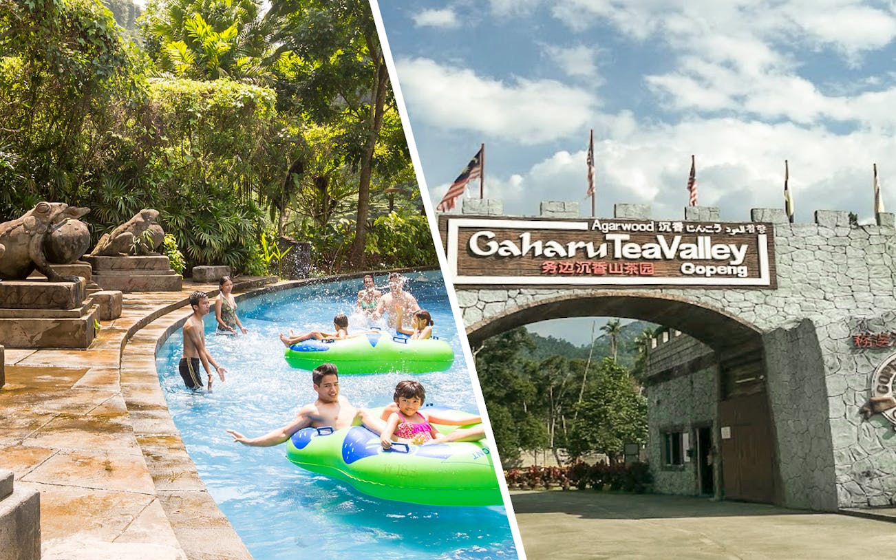 Water park lazy river and Gaharu Tea Valley entrance in Malaysia.