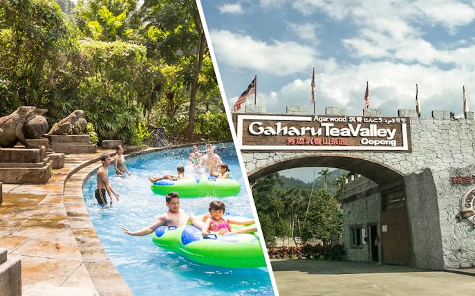 Water park lazy river and Gaharu Tea Valley entrance in Malaysia.