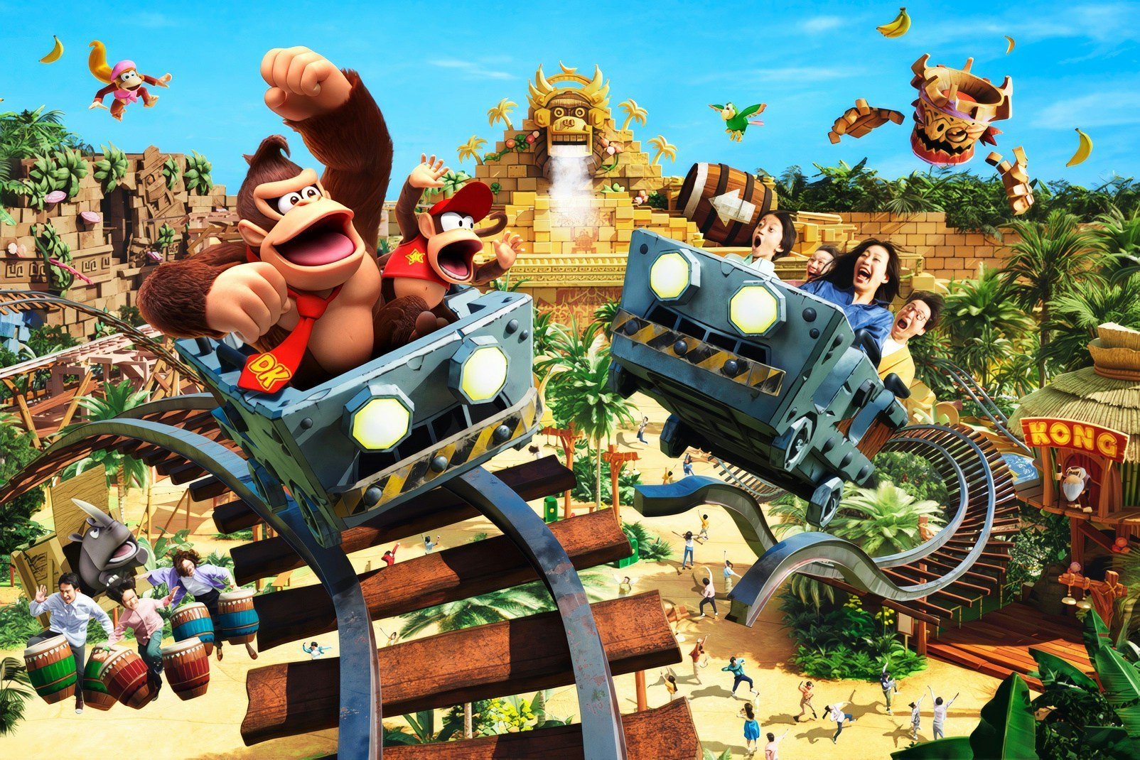 Roller coaster ride with Donkey Kong characters at Universal Studios Japan.