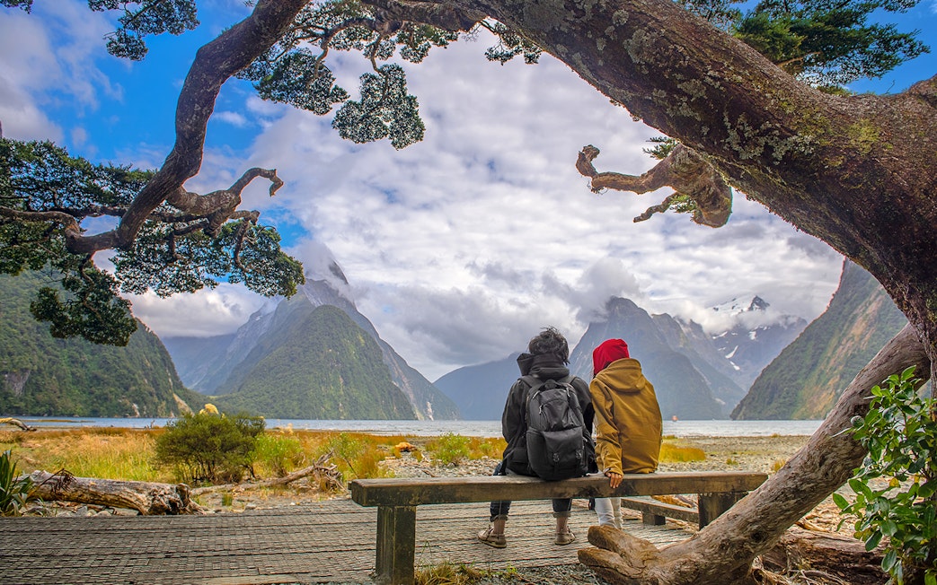 Couple sitting on a bench overlooking Milford Sound with mountains and water, Te Anau departure.