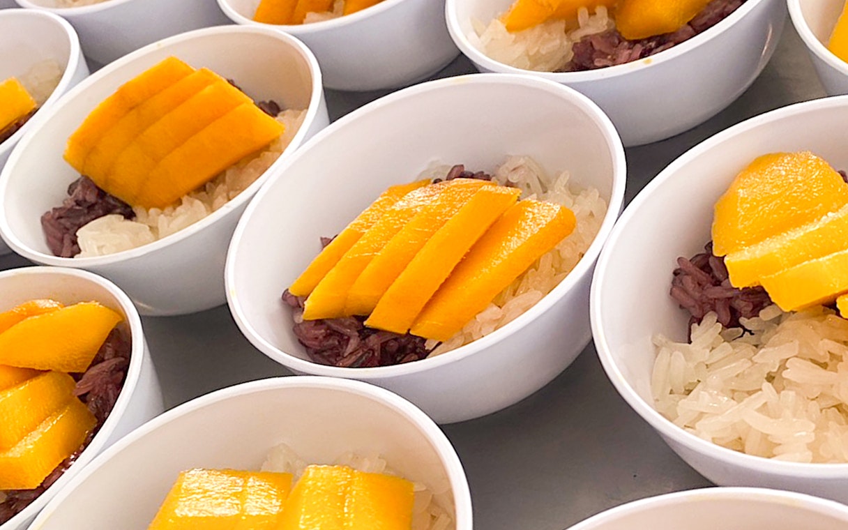 Mango sticky rice dessert served on James Bond Sunset Tour yacht from Phuket.