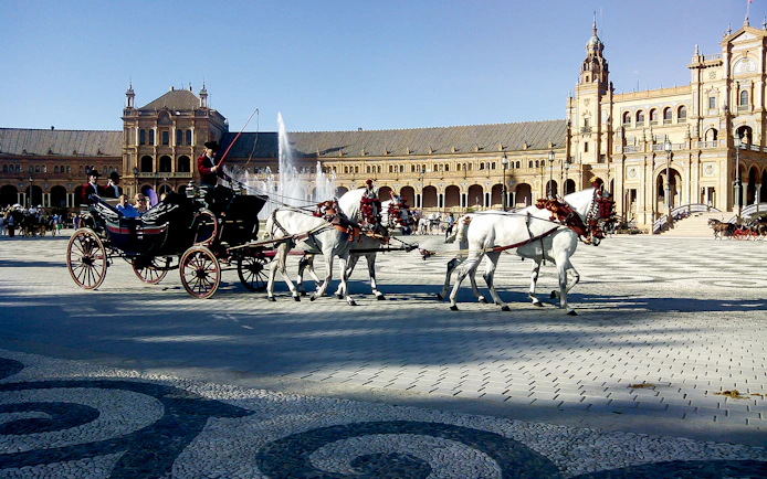 Horse-drawn carriage at Plaza de España, Seville during guided day tour from Malaga.