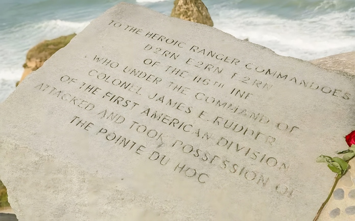 Pointe du Hoc memorial plaque honoring D-Day Rangers, Normandy, France.