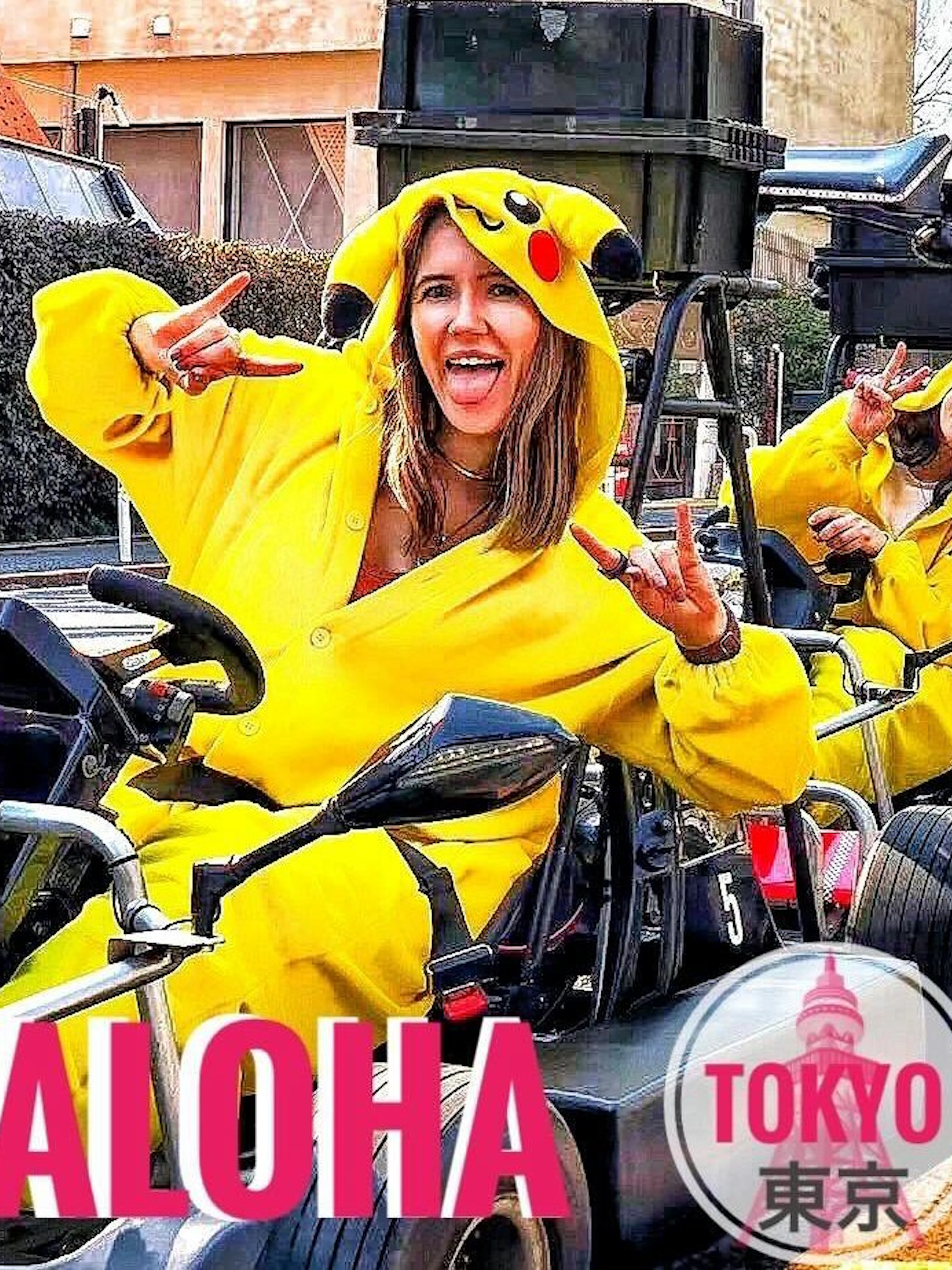 Tourists in Pikachu costumes on go-karts during a guided tour in Tokyo.