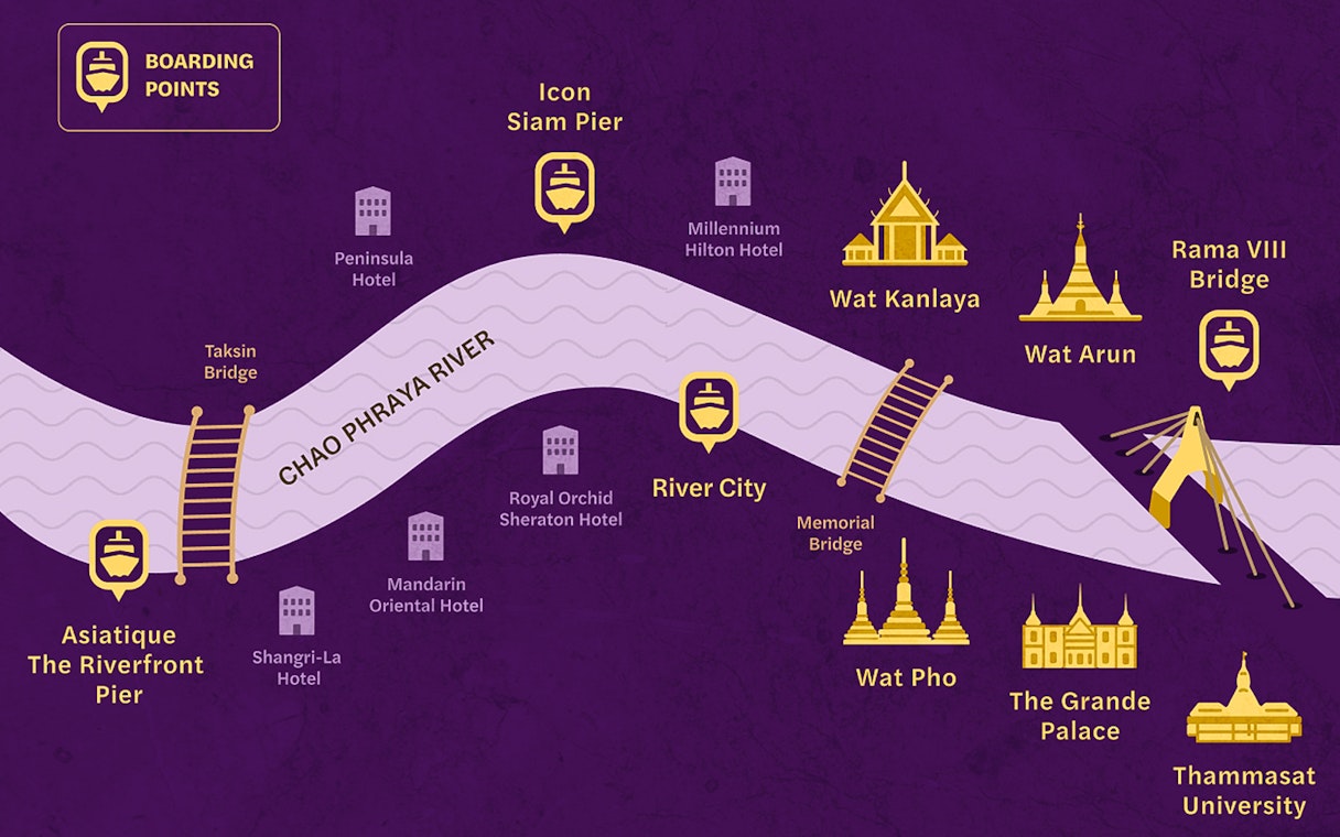 Map of Chao Phraya River with hop-on-hop-off boat stops at Bangkok landmarks like Wat Arun and The Grand Palace.