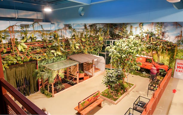 Mexican plantation exhibit with cacao plants and rustic hut inside Chocotopia, Prague.