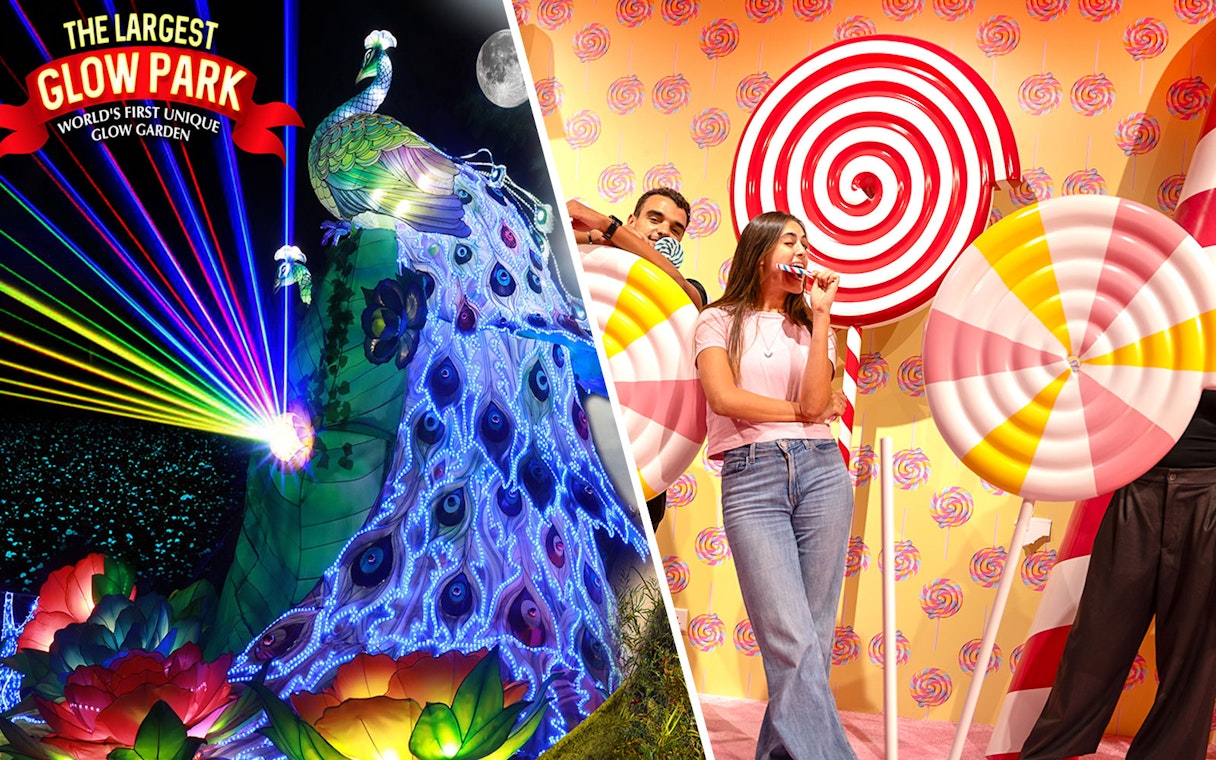 Dubai Garden Glow illuminated peacock and Museum of Candy lollipop display.