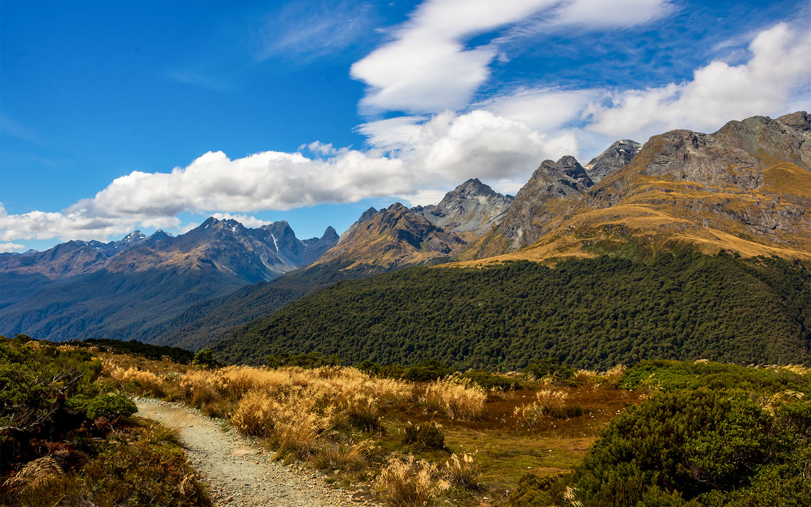Milford Road winding through The Divide in New Zealand's Fiordland National Park.
