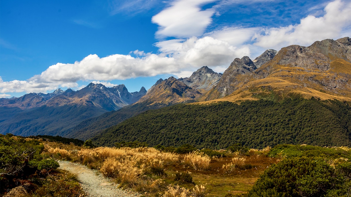 Milford Road winding through The Divide in New Zealand's Fiordland National Park.