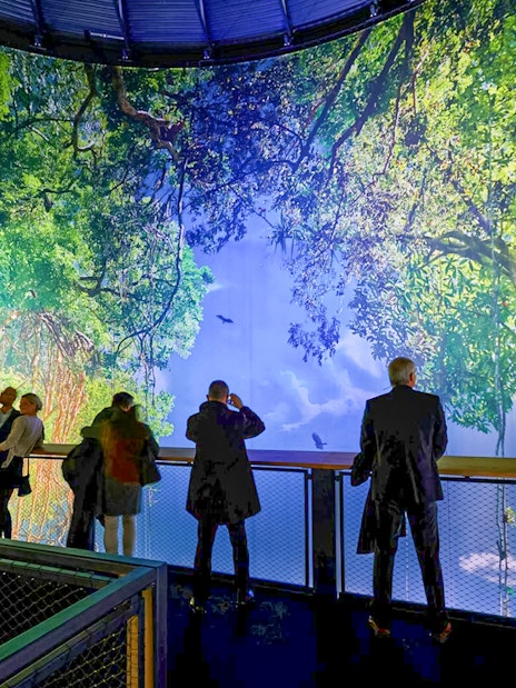 Visitors viewing panoramic rainforest exhibit at Panometer Dresden.