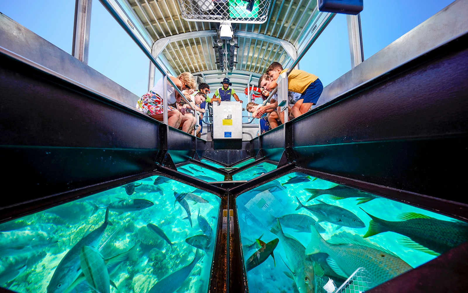 Tourists on a glass bottom boat viewing coral and fish at Great Barrier Reef near Cairns, Australia.