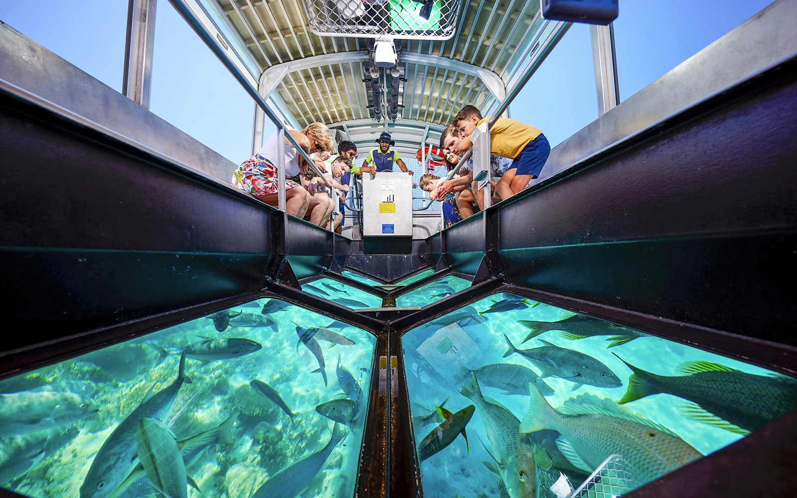 Tourists on a glass bottom boat viewing coral and marine life at Great Barrier Reef near Cairns, Australia.