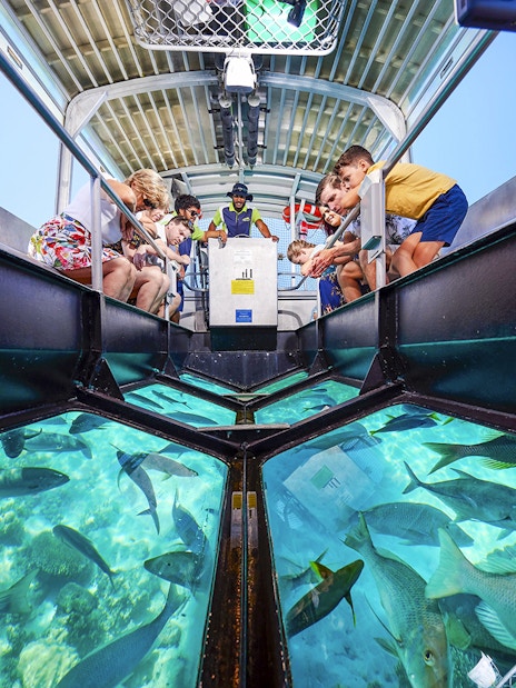 Tourists on a glass bottom boat viewing coral and fish at Great Barrier Reef near Cairns, Australia.