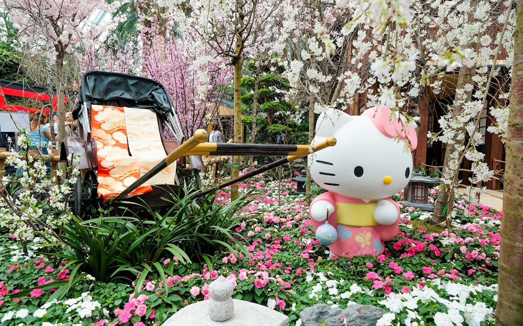 Hello Kitty statue among cherry blossoms at Gardens by the Bay Sakura event.
