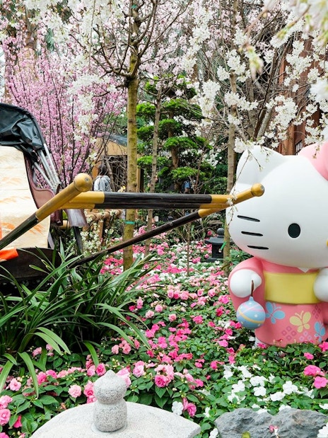 Hello Kitty statue among cherry blossoms at Gardens by the Bay Sakura event.