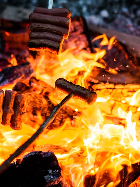 Roasting sausages over a campfire under the Northern Lights.