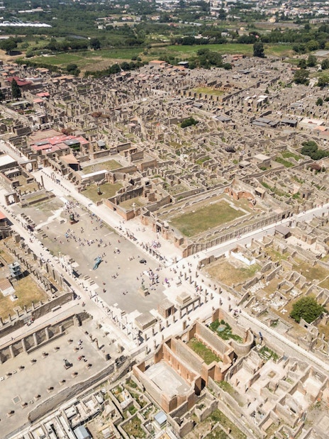 Aerial view of Herculaneum ruins in Italy, showcasing ancient streets and structures.
