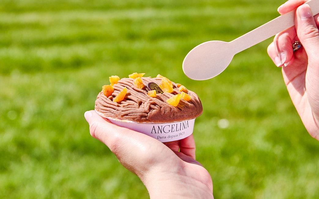 Person holding Mont Blanc dessert from Angelina Rivoli, Paris, with a spoon.