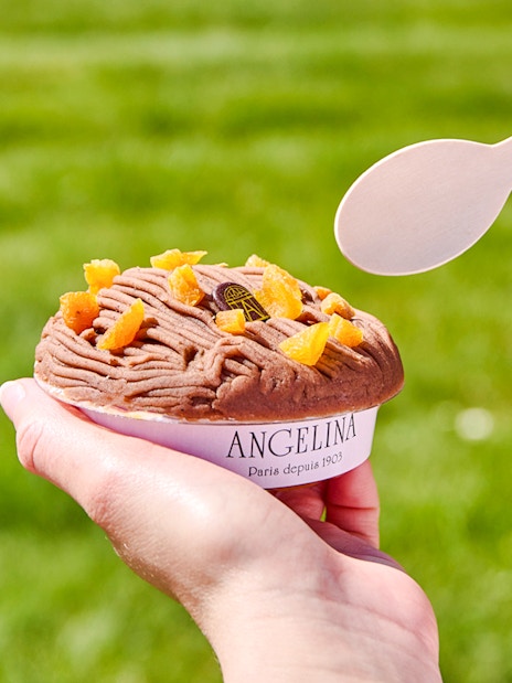Person holding Mont Blanc dessert from Angelina Rivoli, Paris, with a spoon.