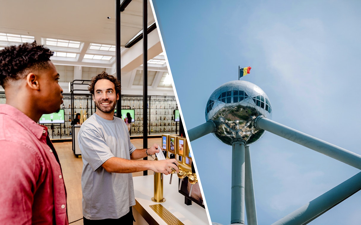 Visitors at a beer tasting in Brussels with the Atomium in the background.