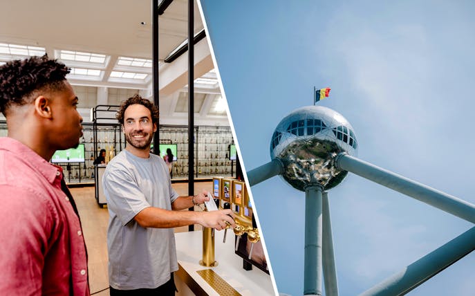 Visitors at a beer tasting in Brussels with the Atomium in the background.