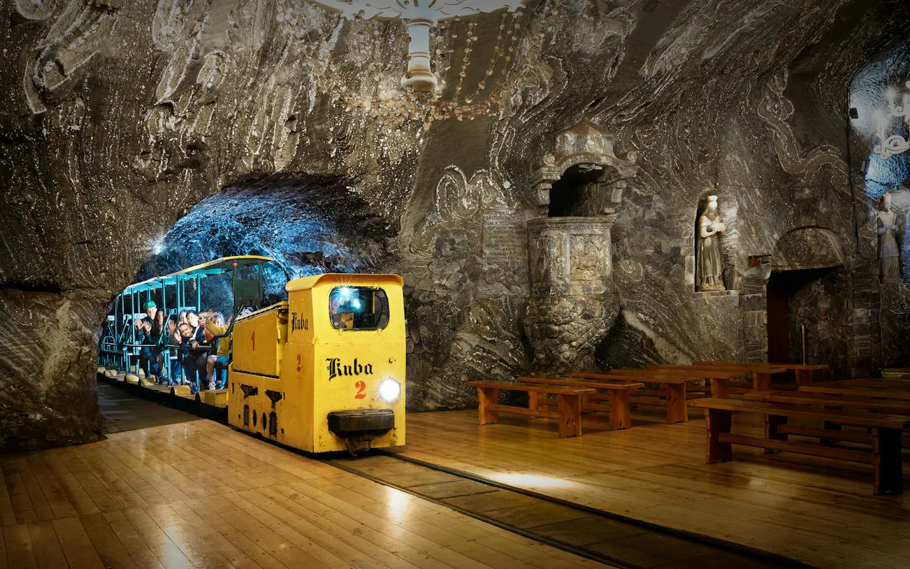 Train ride through Bochnia Salt Mine with tourists, Krakow underground tour.