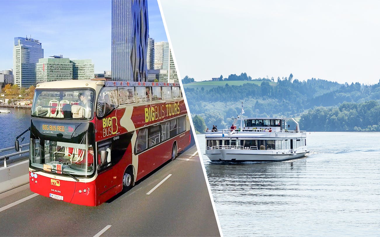 Big Bus Vienna tour bus on city street and Danube River cruise ship sailing.