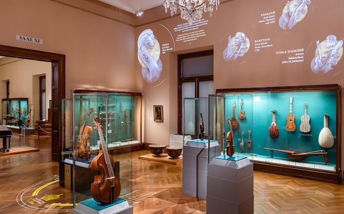 Interior view of musical instrument exhibit at New Hofburg Palace, Vienna, Austria.