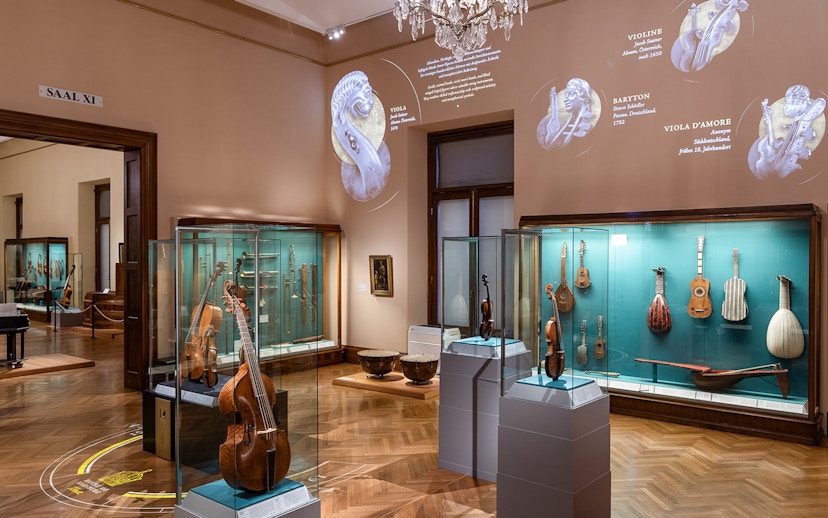 Interior view of musical instrument exhibit at New Hofburg Palace, Vienna, Austria.