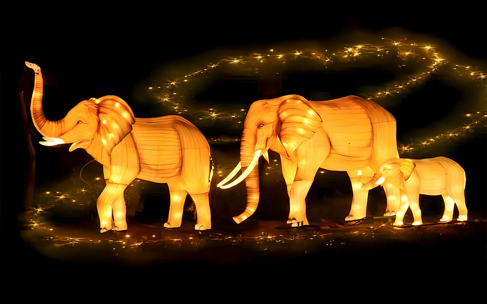 Elephant lanterns glowing at Dubai Garden Glow.