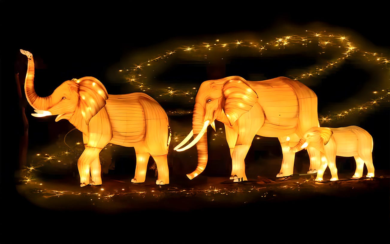 Elephant lanterns glowing at Dubai Garden Glow.