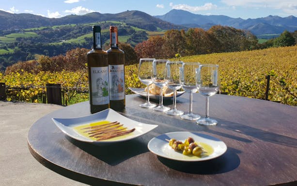 Wine bottles and glasses on a table overlooking vineyards in Getaria during a Txakoli wine tour from San Sebastian.