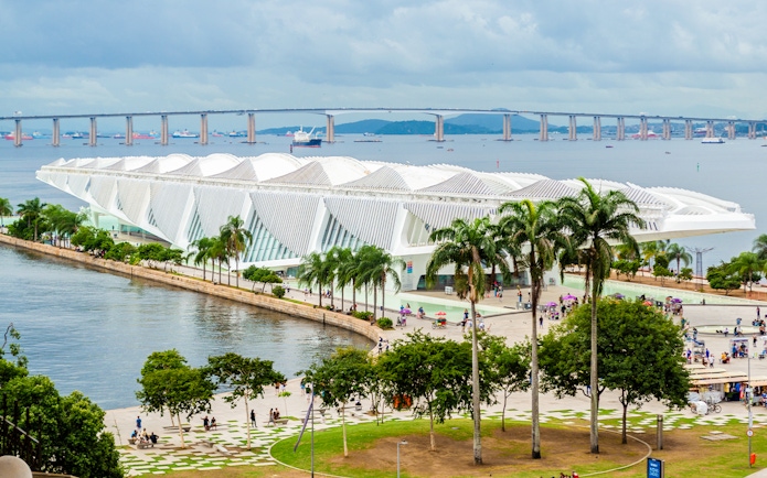 Museu do Amanhã with palm trees and waterfront, Boulevard Olímpico, Rio de Janeiro.