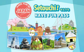 Setouchi Have Fun Pass featuring Japanese landmarks, cherry blossoms, and local cuisine.