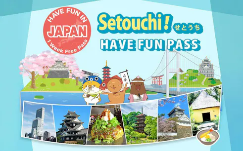 Setouchi Have Fun Pass featuring Japanese landmarks, cherry blossoms, and local cuisine.