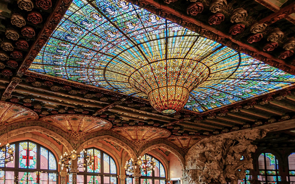 Stained glass ceiling of Palau de la Música Catalana in Barcelona.