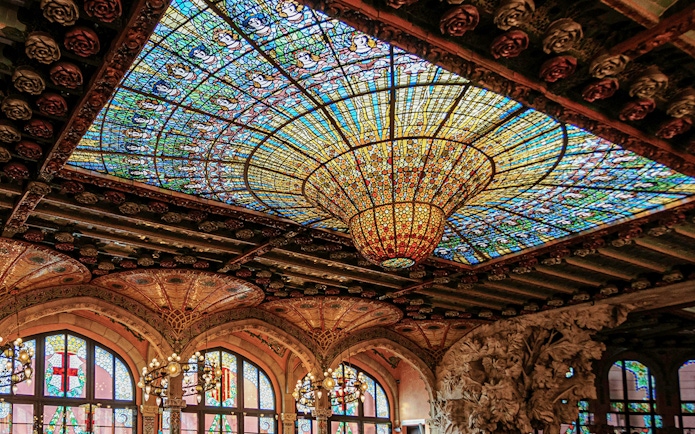 Stained glass ceiling of Palau de la Música Catalana in Barcelona.