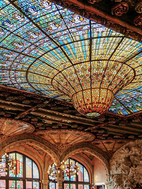 Stained glass ceiling of Palau de la Música Catalana in Barcelona.