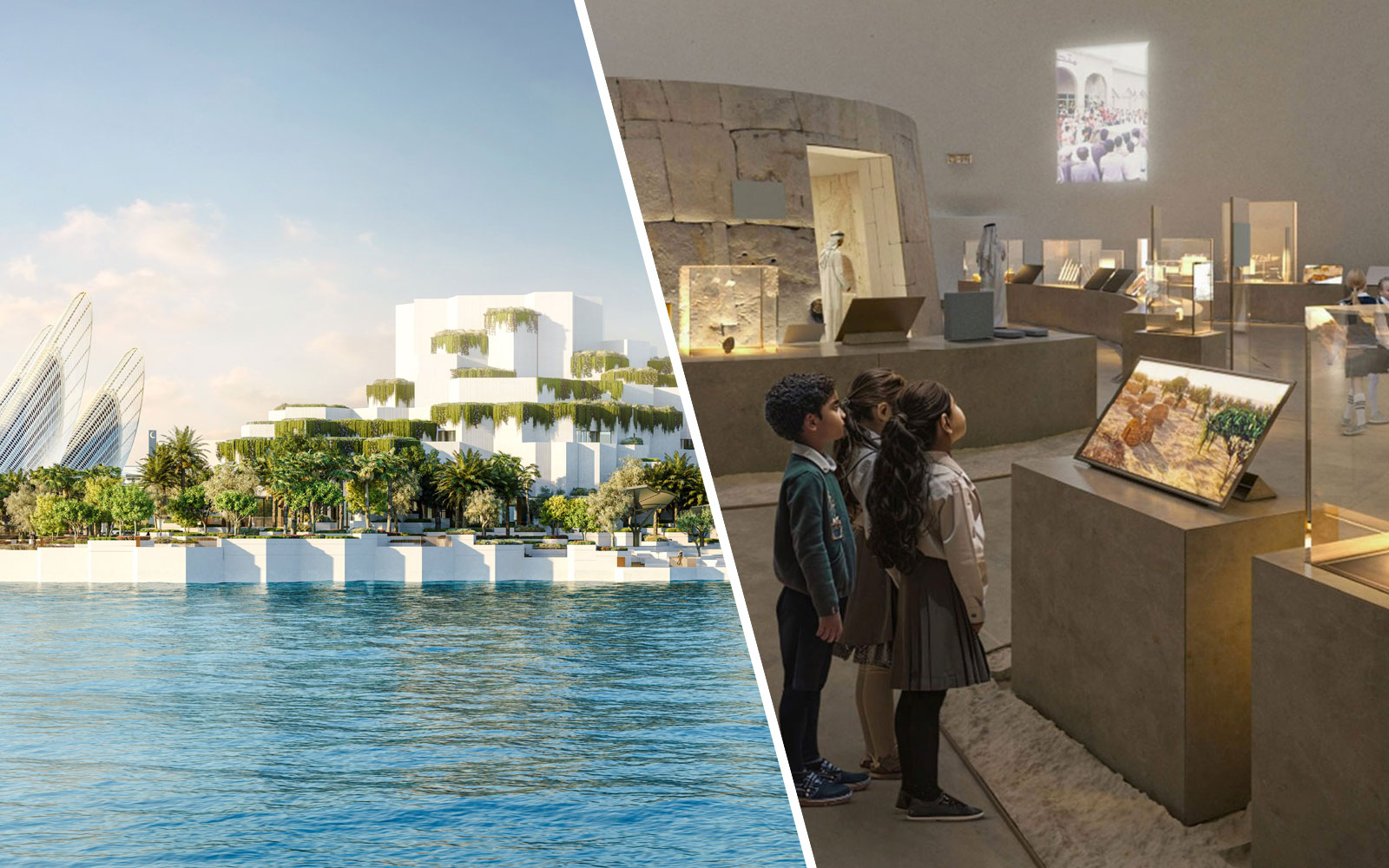 Aerial view of National History Museum Abu Dhabi exterior and children viewing exhibits inside.