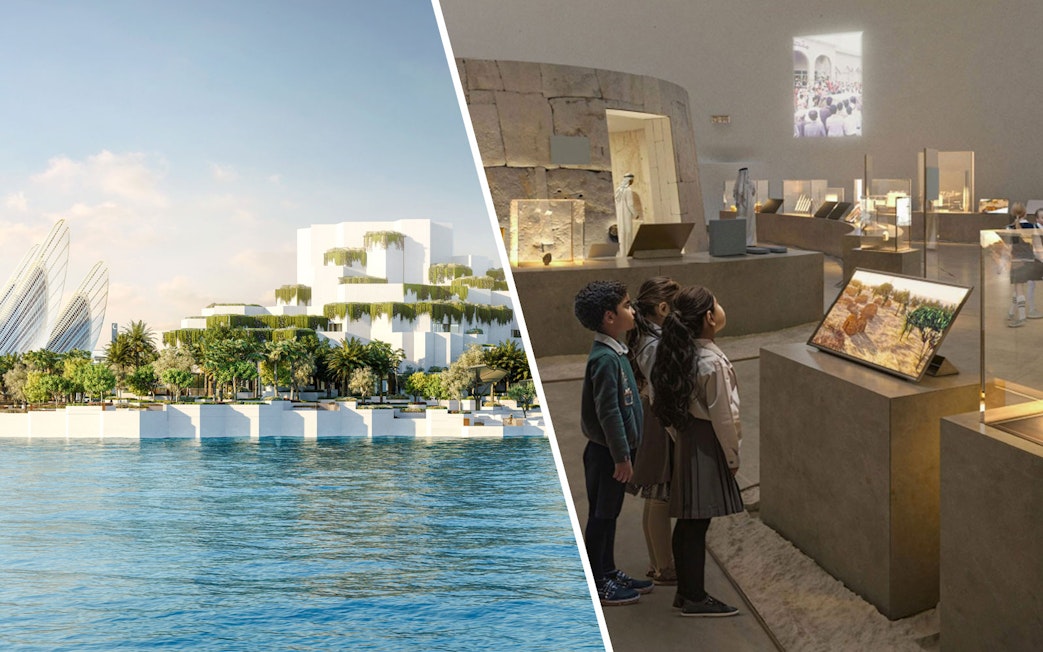 Aerial view of National History Museum Abu Dhabi exterior and children viewing exhibits inside.