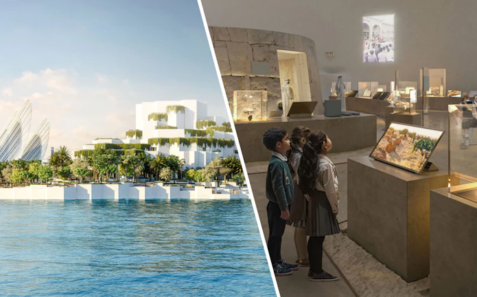 Aerial view of National History Museum Abu Dhabi exterior and children viewing exhibits inside.